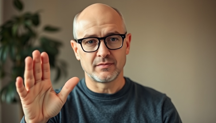 Bald man demonstrating reset your nervous system technique indoors.