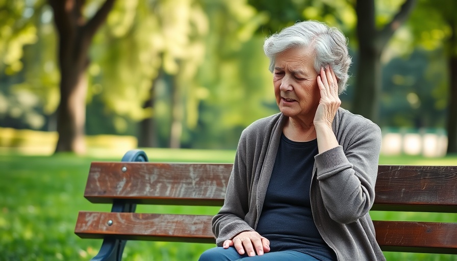 Elderly woman in discomfort sitting on a bench in a park, related to medical diagnosis depression risk.