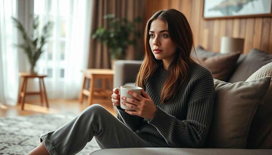 Young woman with thoughtful expression holding tea, cozy room, anxiety disorders