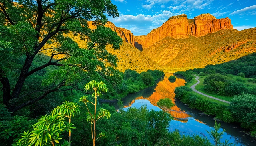 Scenic South African hiking trail landscape with river and cliffs.