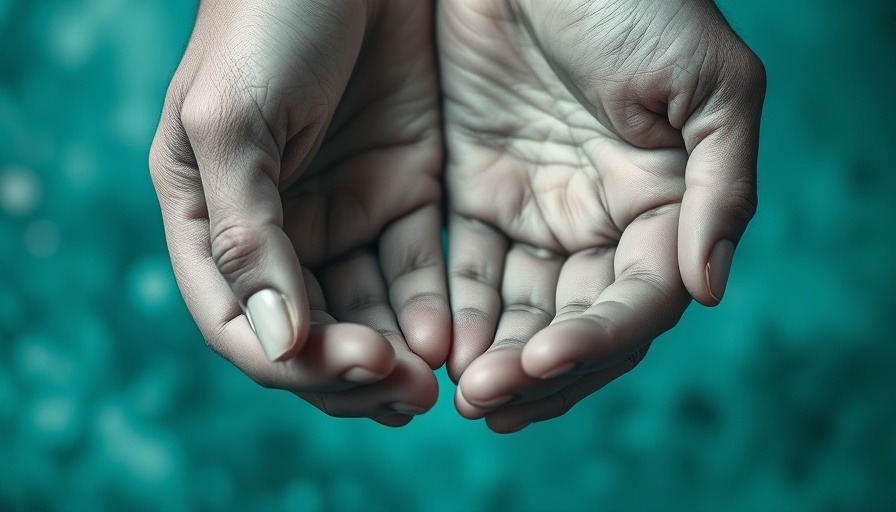 Comforting hands sharing support, contrasting teal background.