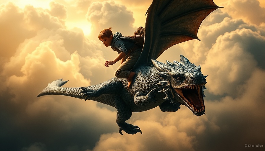 Epic dragon flying scene in a cinematic movie poster.