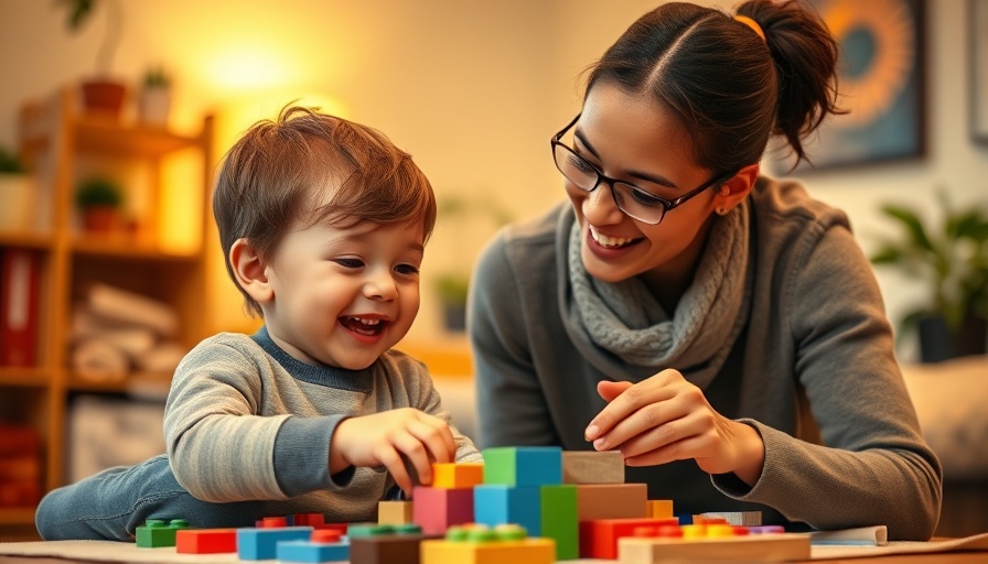 Future-Ready Child Education scene with child and educator using blocks.