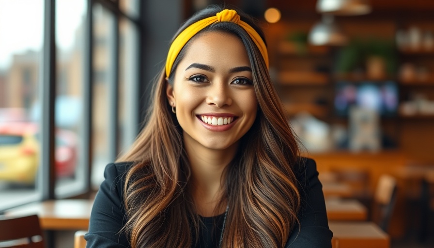 Confident woman smiling indoors, cozy cafe setting.