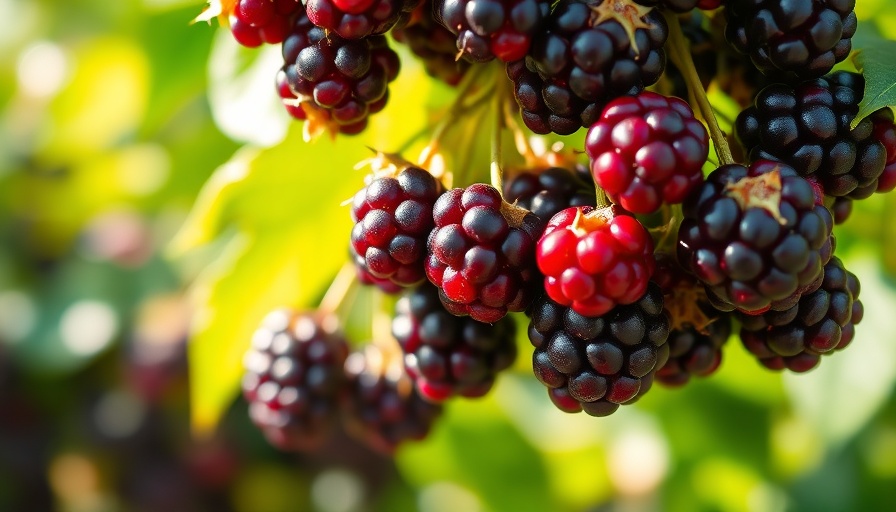 Vibrant blackberries hanging on vine, nature's abundance.