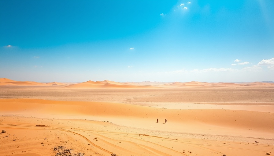 Expansive desert illustrating heatwaves in Africa, with sand dunes and blue sky.