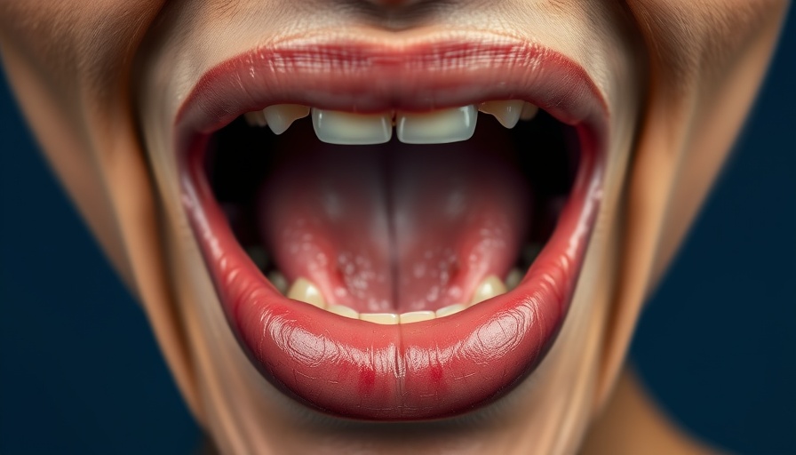 Close-up of open mouth highlighting chewing action, dark background, vibrant text.