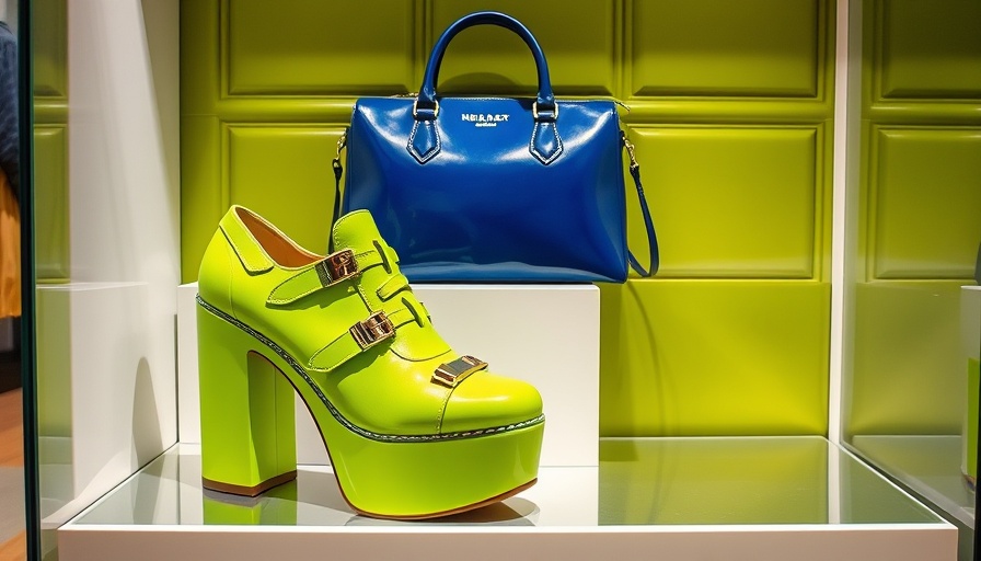 Y2K fashion resurgence: Lime green platform shoes and blue handbag on a shelf.