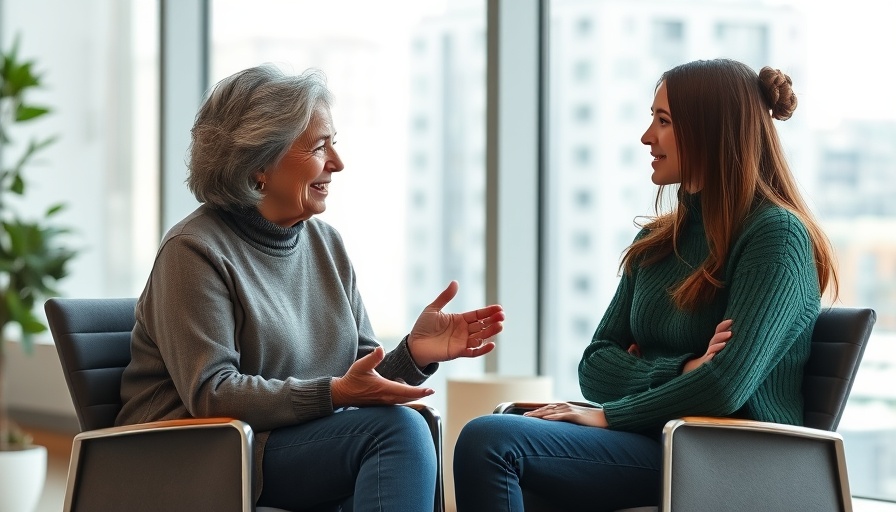 Supportive discussion between an older and young woman in a modern office.