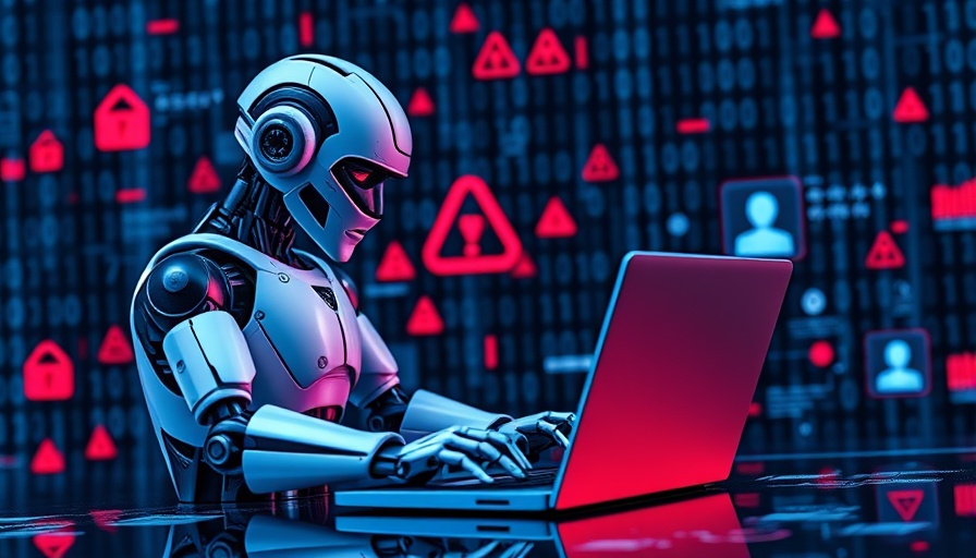 Futuristic bot with digital ads and binary code representing Twitter spam bots.