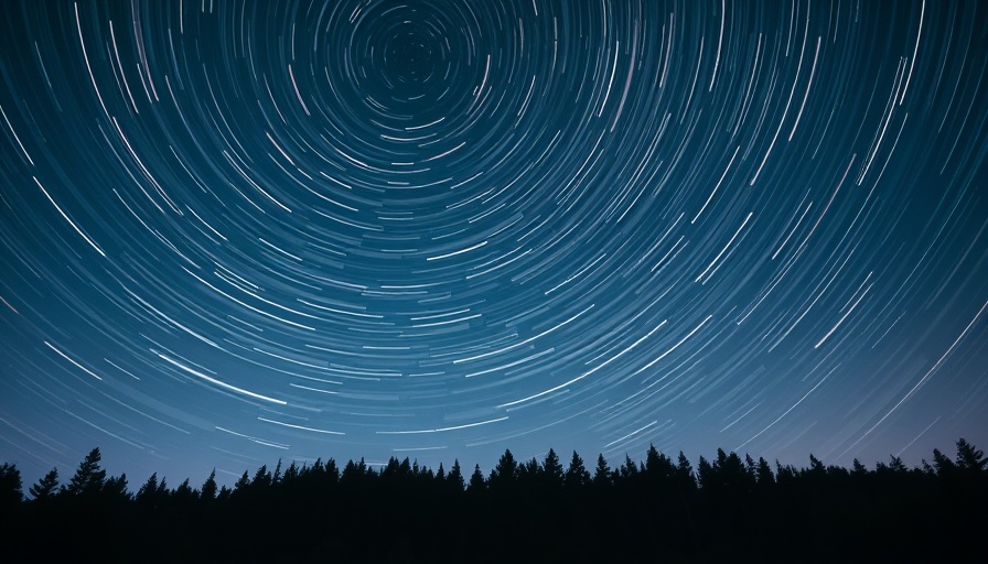 Celestial star trails in night sky over forest, symbolizing time and anxiety disorders.