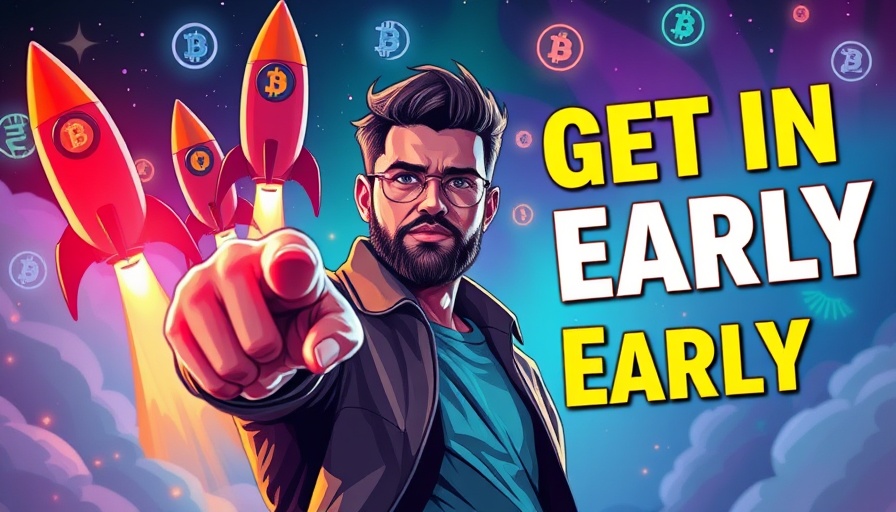 Vibrant crypto-themed illustration with launchpads and icons.