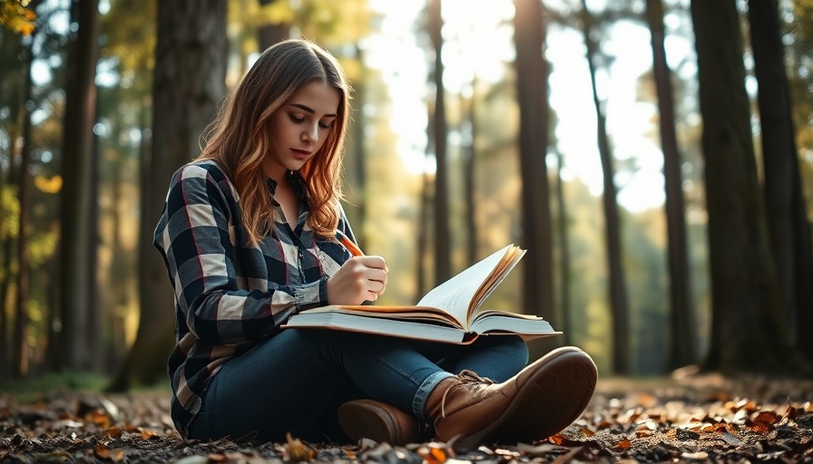 Young woman writing in a forest, capturing what it means to be authentic.