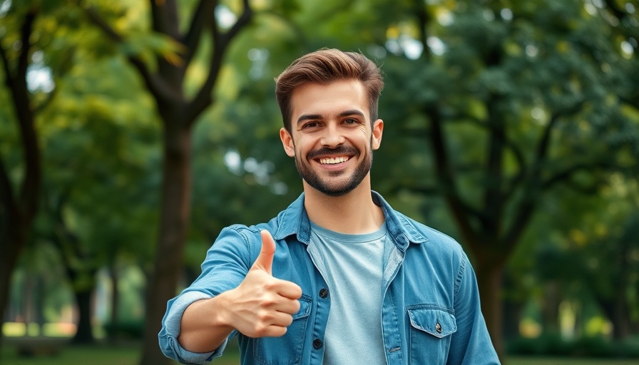 Man outdoors giving thumbs-up, confident expression in natural setting.