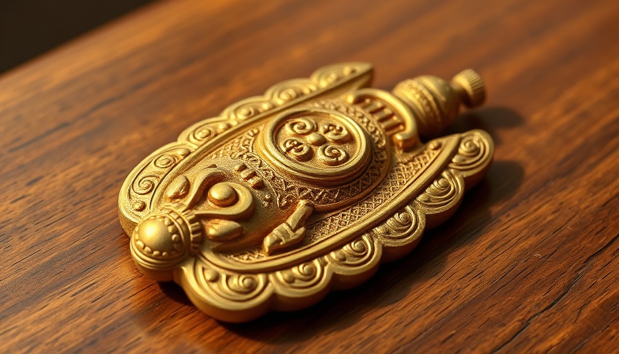 Golden vajra resting on wooden table, Heart Sutra and Mental Health symbol.