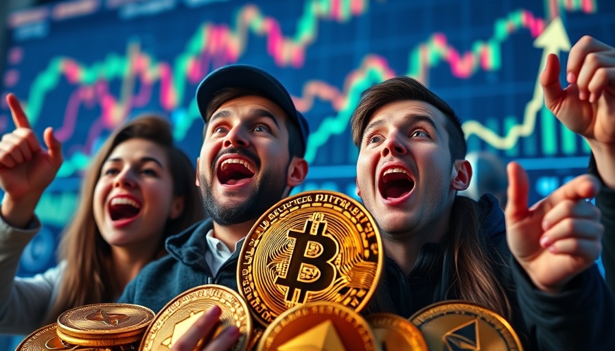 Bitcoin and ETH symbols rise with excited individuals, financial trends.