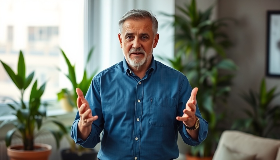 Man in blue shirt explaining how to beat bloating fast indoors