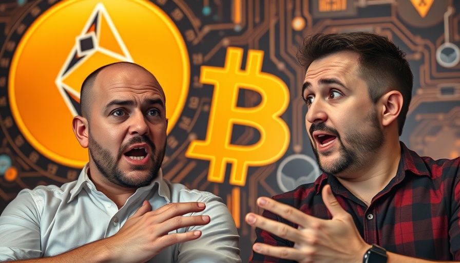 Men discussing Cardano cryptocurrency future with Bitcoin symbol.