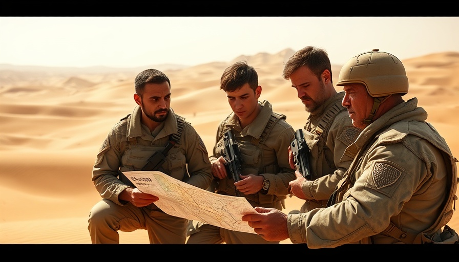 Military leaders strategizing in the Middle Eastern desert under sunlight.