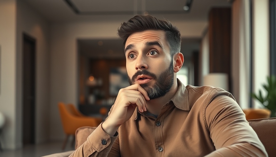 Surprised man indoors reacting to Bitcoin price changes.