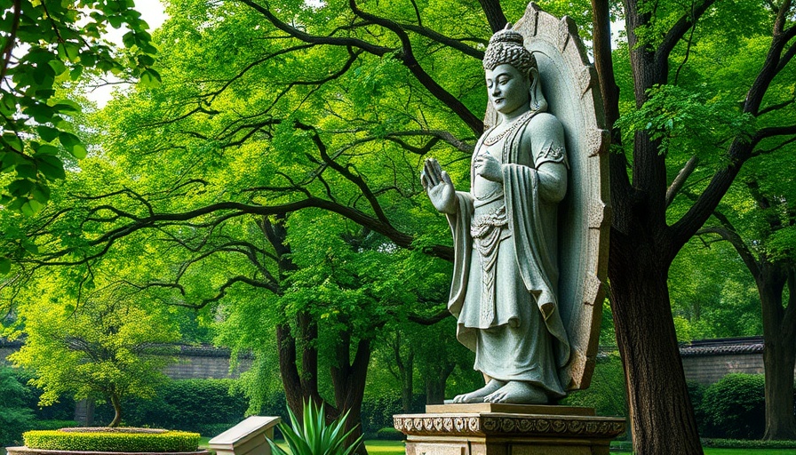 Serene stone statue in a lush garden representing self-awareness in healing.
