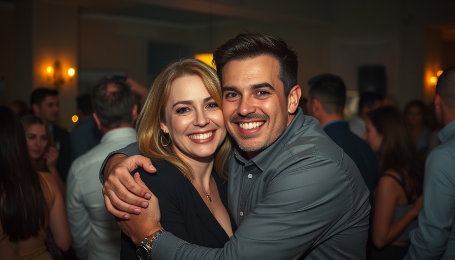 Social gathering with smiling couple embracing, dimly lit ambiance.