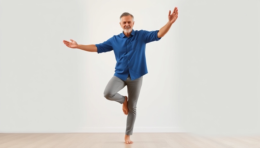 Middle-aged man demonstrating a balance exercise for brain health and balance.