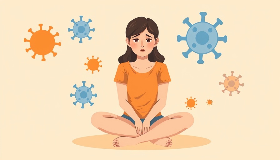 Anxiety disorders illustration: woman sitting amidst virus symbols.