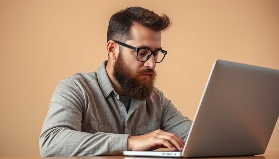 Bearded barber conducting SEO research on a laptop