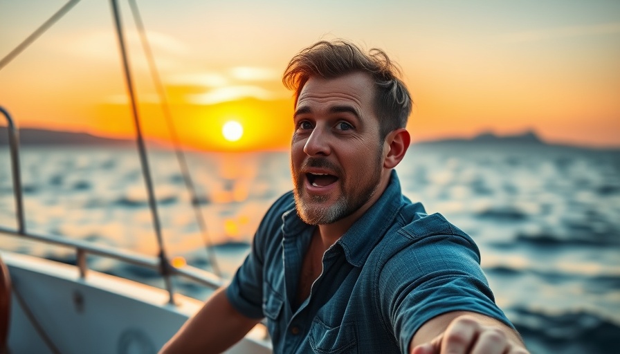 Surprised man on a boat at sunset, ocean view.