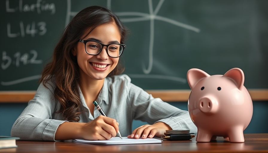 Smiling woman demonstrating thrifty lifestyle and financial management in a classroom.