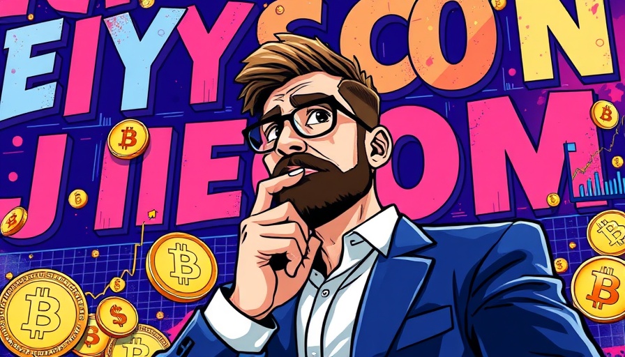 Buy Crypto Now vibrant poster with man contemplating, cryptocurrency symbols, and graph.