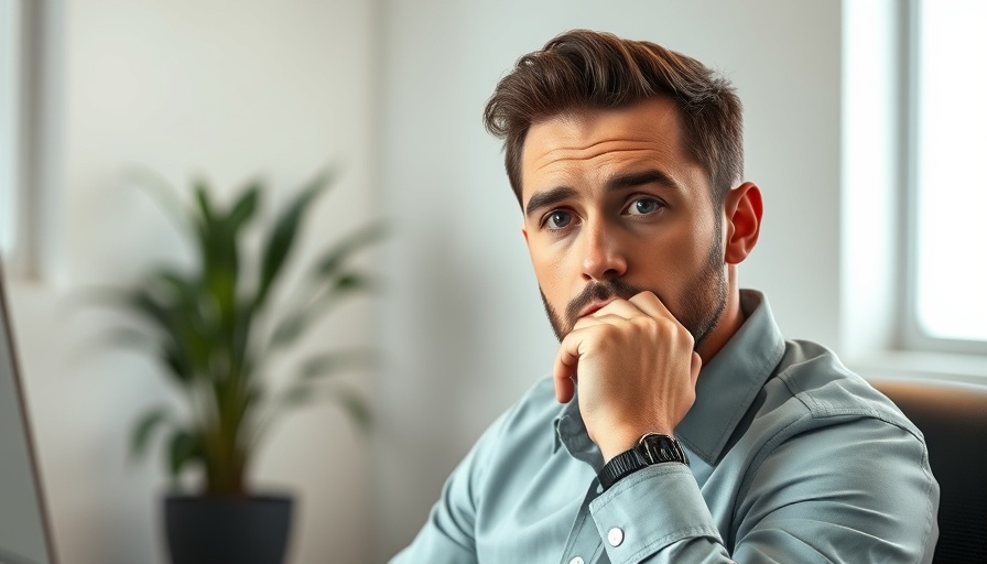 Man contemplating financial decisions in modern office setting.