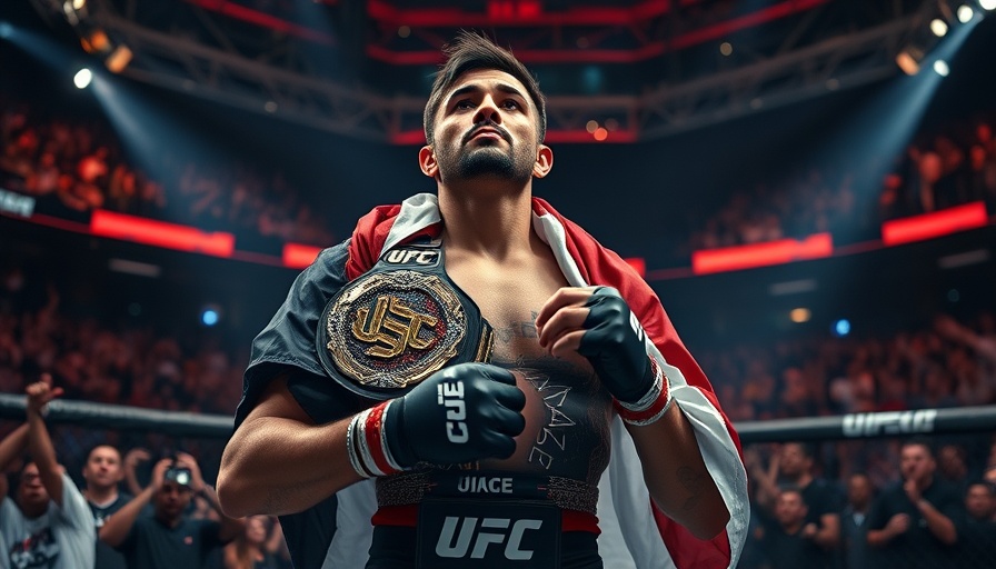 MMA fighter holding UFC belt in octagon, vibrant arena atmosphere.