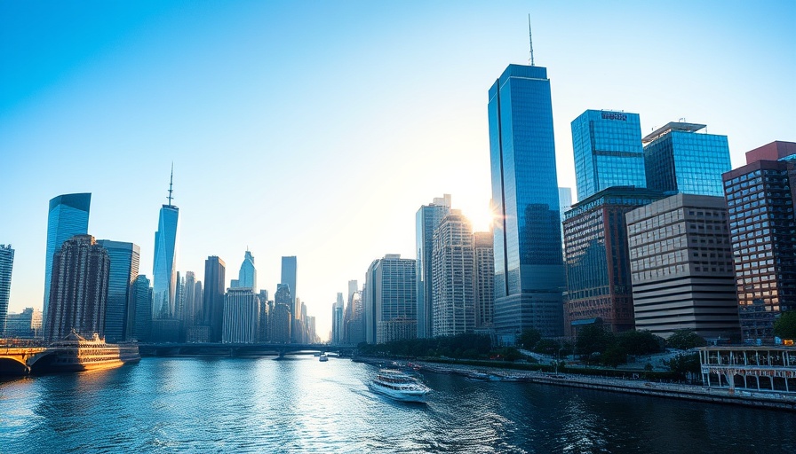 Serene river cityscape showcasing skyscrapers.