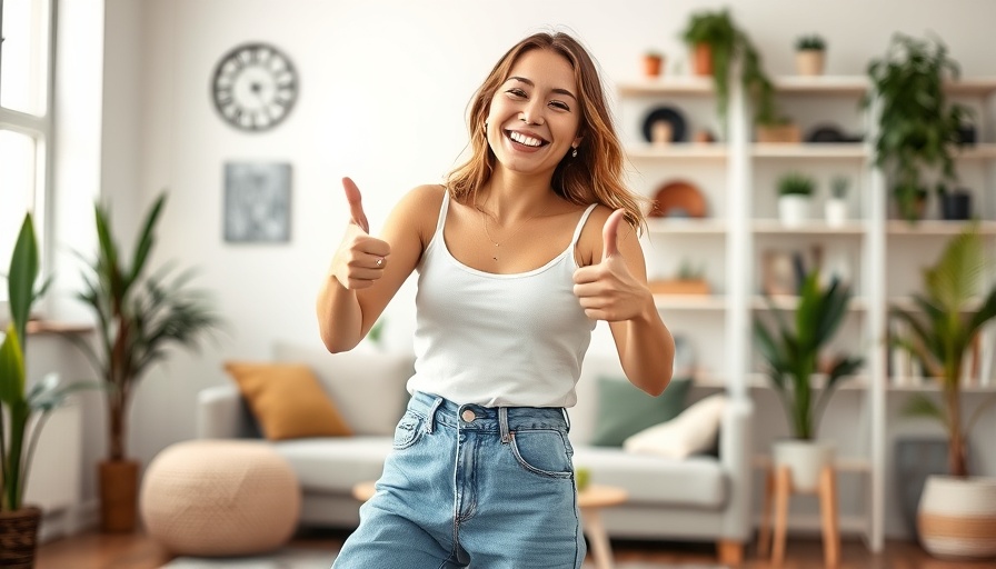 Joyful woman shows weight loss success with intermittent fasting in loose jeans.
