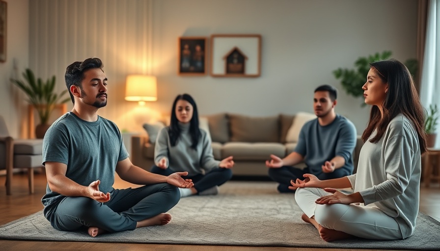 Family practicing meditation together, conveying peace and bonding.