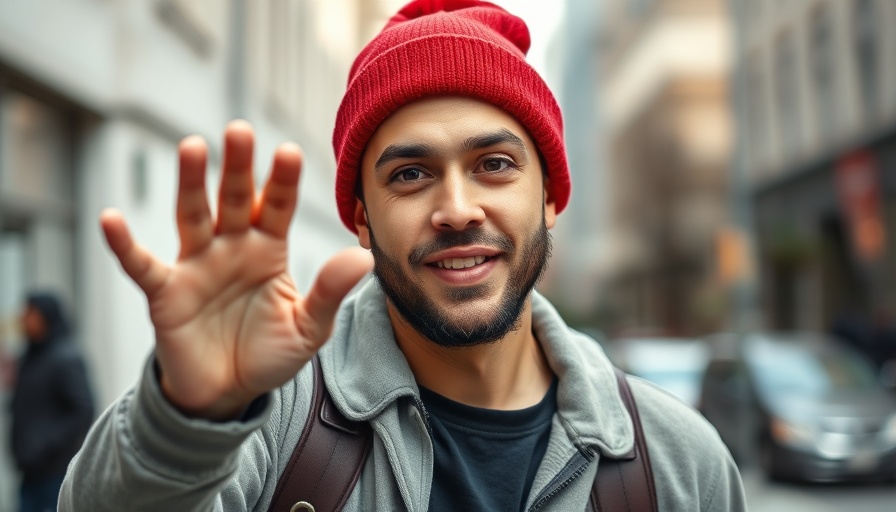 Man in red beanie at Free Workshops at JOMBA, gesturing outdoors.