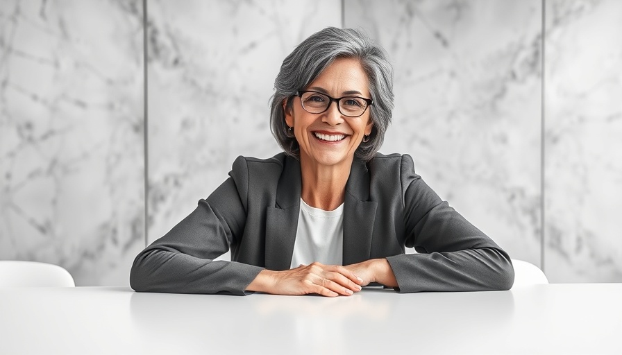 Smiling woman in office with trademark symbol, brand identity development.