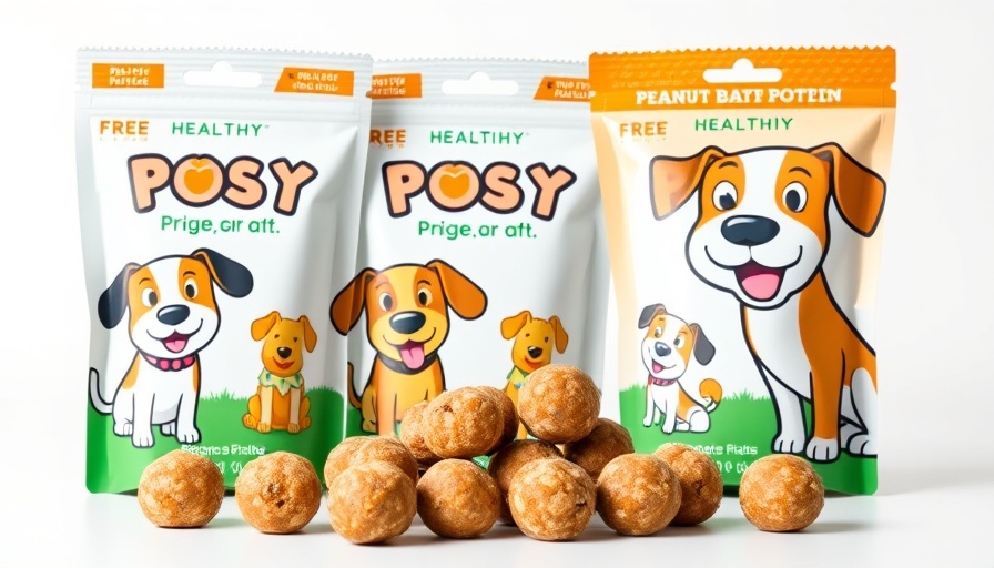 Colorful packaging of healthy dog snacks with cartoon designs.