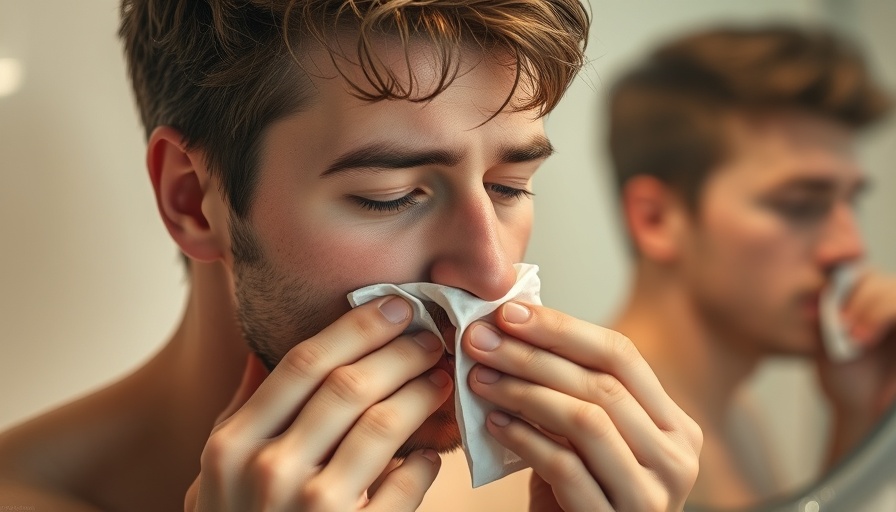 Young man with nosebleed in bathroom using tissue for bleeding