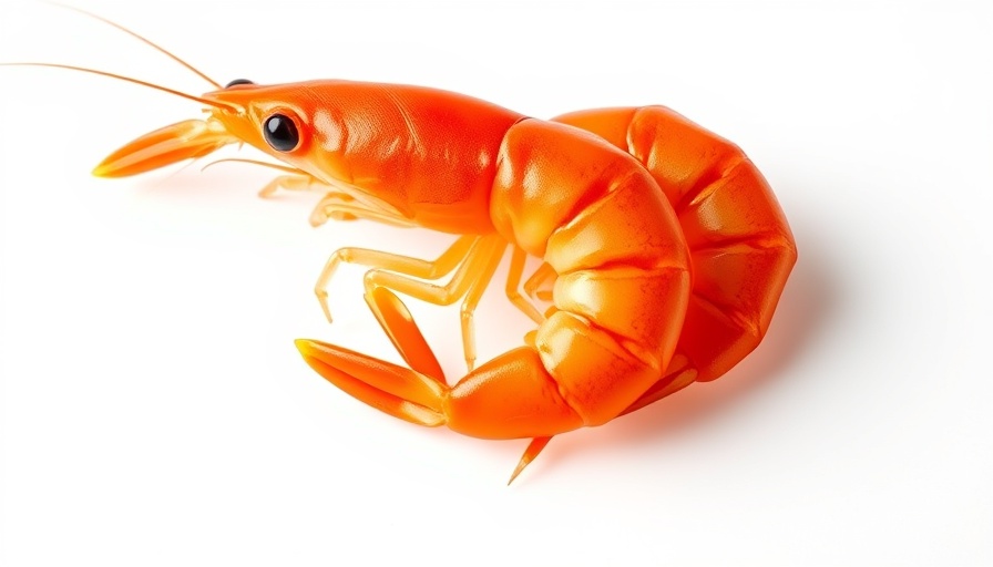 Vibrant orange shrimp intertwined against white background.