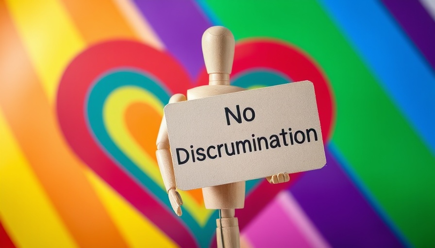 Wooden mannequin with 'No Discrimination' sign over rainbow heart.