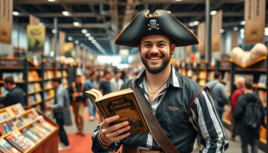 Man dressed as pirate holds book, Golden Age of Pirates and Science Fiction.