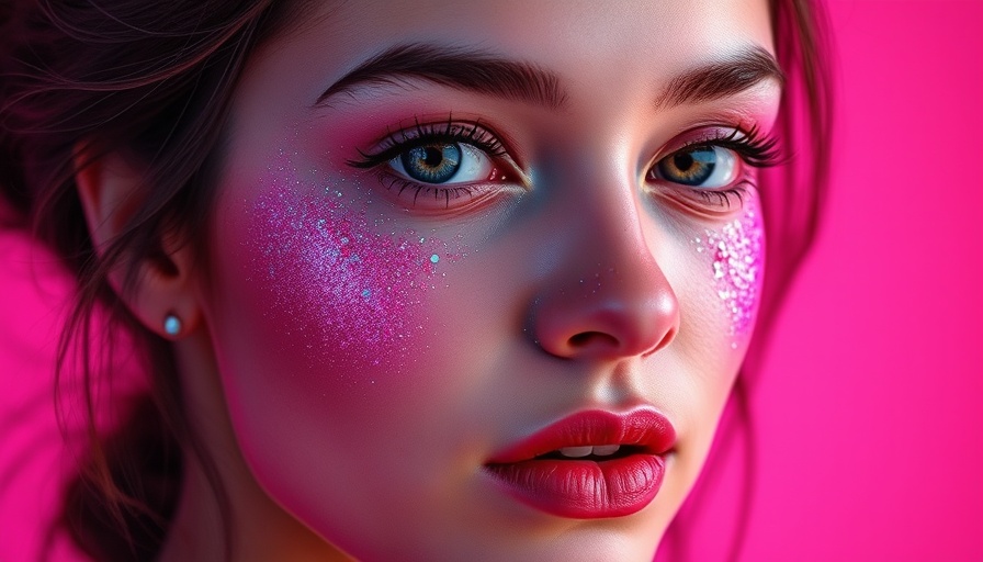 Close-up of woman with glitter makeup in colorful beauty marketing campaign.