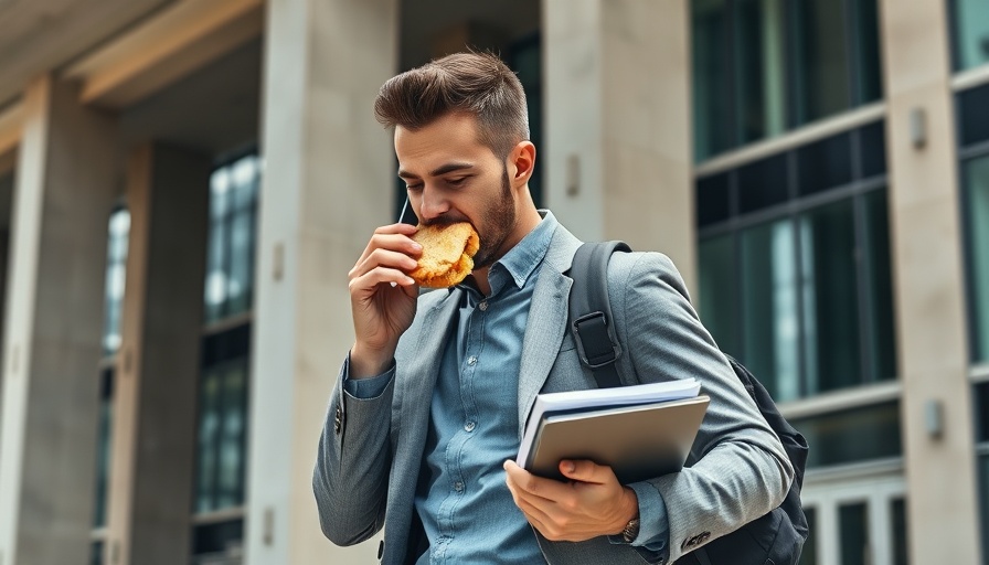 Busy man with documents eating on-the-go breakfast sandwich.