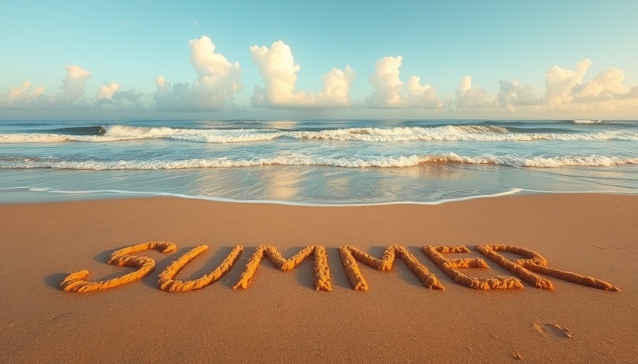 Tranquil beach scene with 'SUMMER' in sand and gentle waves.