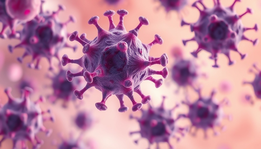 Close-up of cancer cells in a soft pink background, vibrant and detailed.