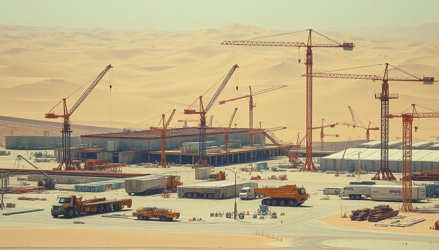 Industrial site in Western Sahara desert with cranes and machinery.