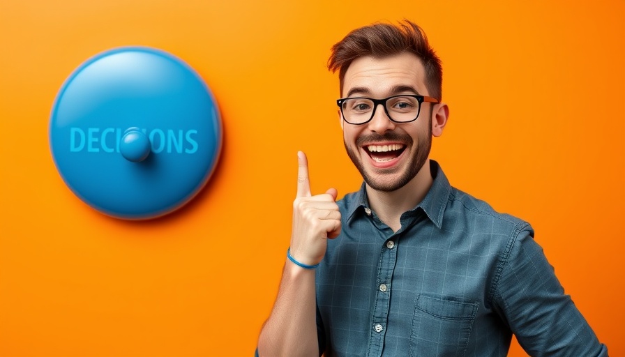 Man smiling at large blue decision button, vibrant setting